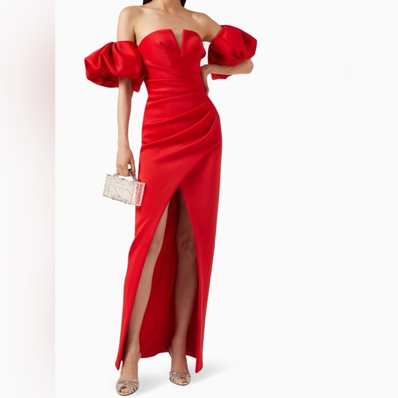 Jovani Dresses & Skirts - Jovani Red Dress Size 14 XL Puff Sleeve Lucky Gown Black Tie Formal Slit NWT
